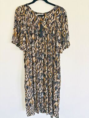 Go Softly Patio Black Brown Ikat Rayon Zip Dress Duster M Tribal Boho